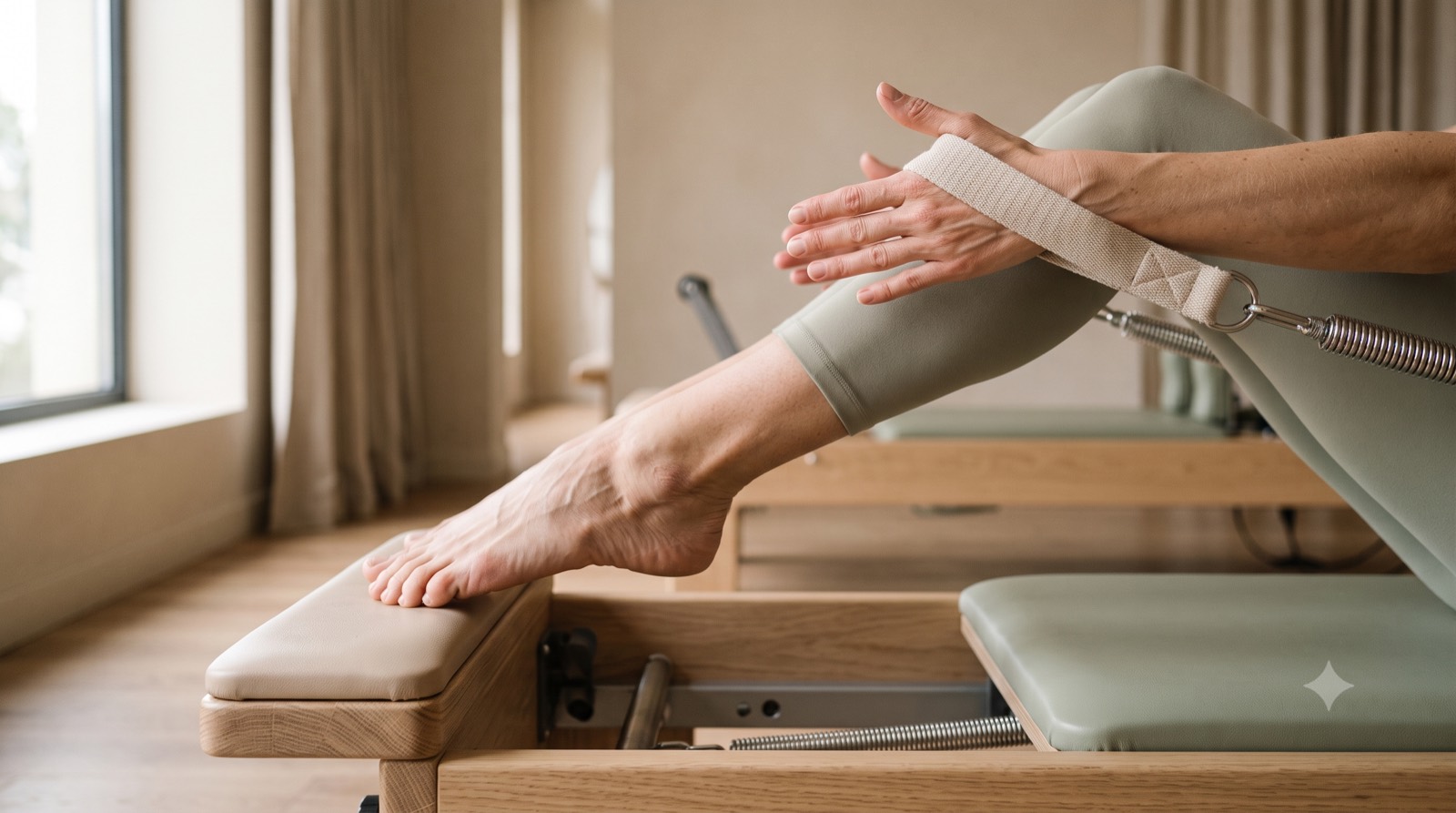 Détail d'un geste précis sur reformer, pieds et mains en appui