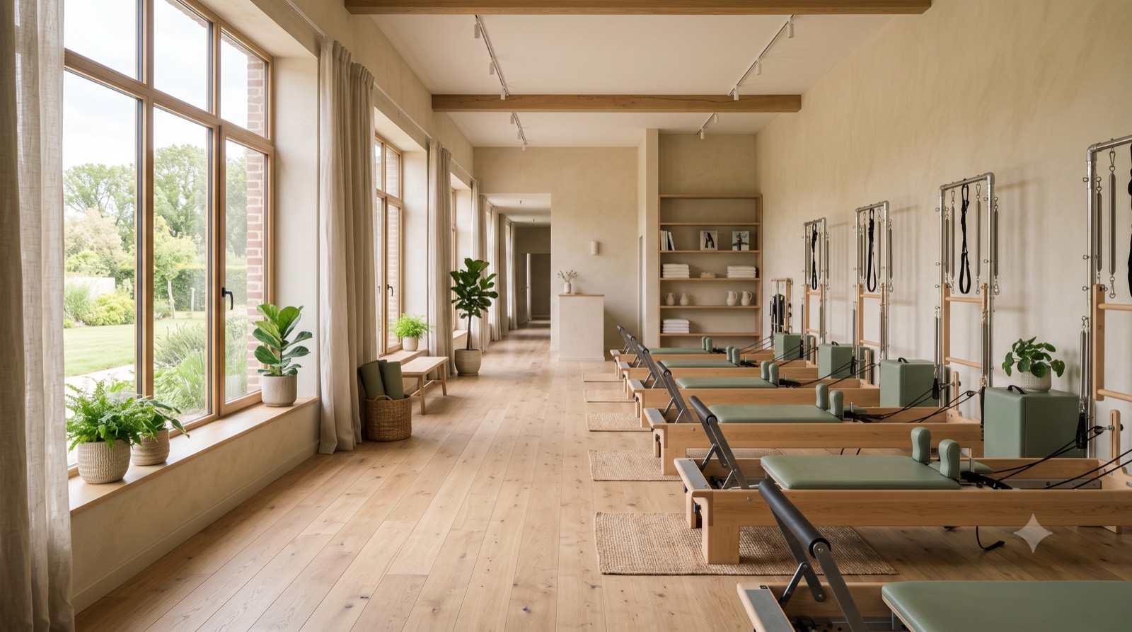 Vue d'ensemble du studio Ancrage, reformers alignés le long des baies vitrées